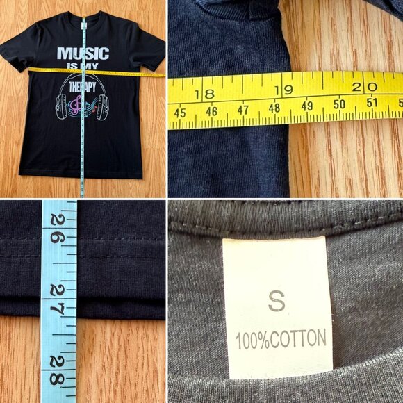 Music Is My Therapy T Shirt Size S Black Graphic Tee Headphones Treble Clef Note - Picture 7 of 12